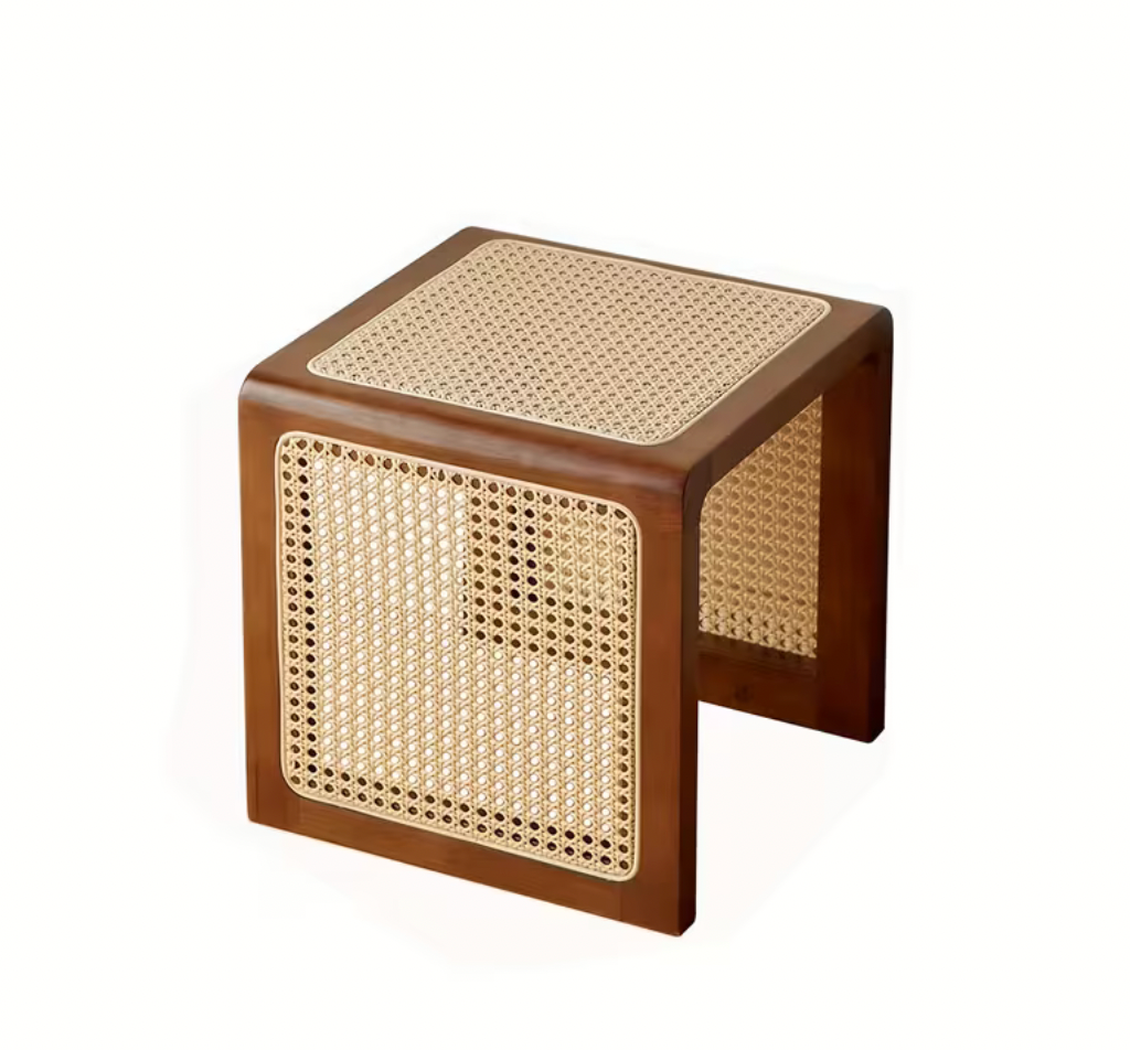 Japanese-Style Solid Wood & Rattan Side Table