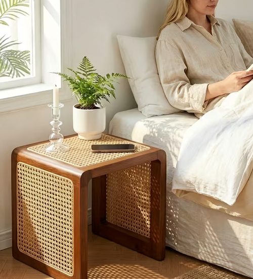 Japanese-Style Solid Wood & Rattan Side Table